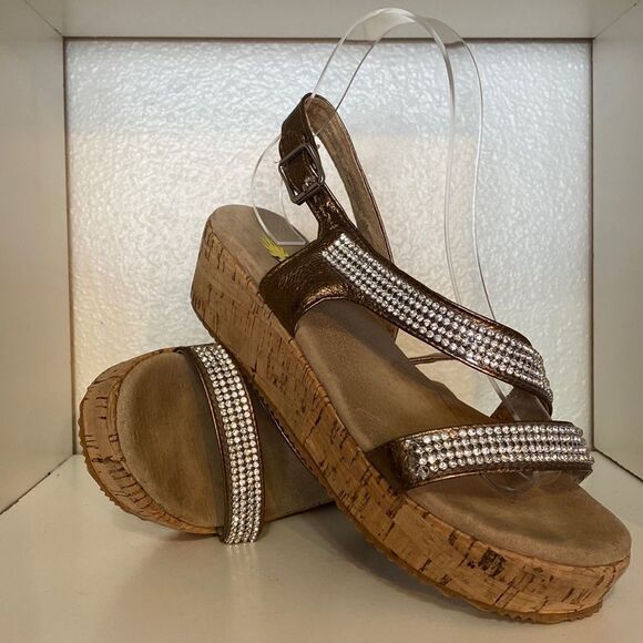 Volatile Rhinestones Leather Platform Cork Brown Tan Ankle Strap Sandals - Picture 1 of 10
